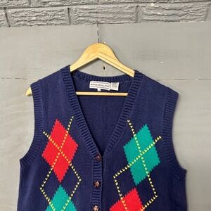 Westbound Vintage Navy Blue Argyle Button Front Sweater Vest Medium Mens Womens